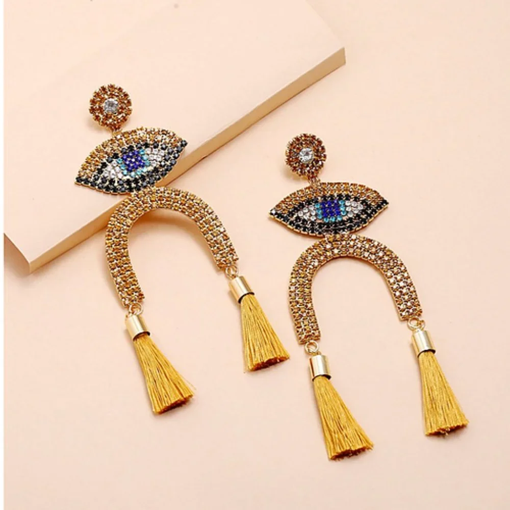 Big Rhinestone Gold and Blue Eye Tassel Drop Earrings - Picture 1 of 2